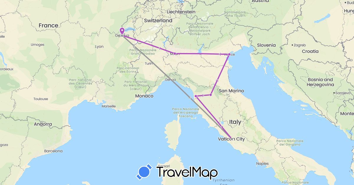 TravelMap itinerary: driving, plane, train in Switzerland, Italy (Europe)